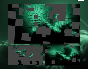 Puede incluir: Arte digital abstracto que presenta una pantalla de ordenador en tonos verdes con efectos de código y fallos. La imagen está superpuesta con formas geométricas grises, creando una estética fragmentada y moderna. El tema general sugiere tecnología y datos.