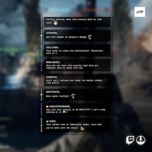 May include: A black and white overlay for a live stream, featuring chat messages with various comments and emojis. The overlay includes text such as "Testing testing...", "BRO THIS WIDGET IS ACTUALLY INSANE", and "Your stream vibe is immaculate today."