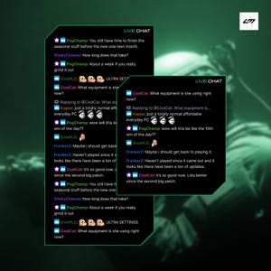 Op de afbeelding: Een digitale afbeelding met een groen en zwart thema, met meerdere chatvensters met tekst. De tekst bevat zinnen als "LIVE CHAT" en gebruikerscommentaren. De afbeelding heeft een moderne, technisch georiënteerde esthetiek.