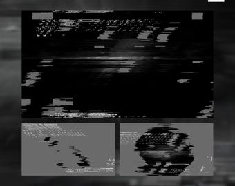 Puede incluir: Una obra de arte digital con una estética oscura y glitch. La composición presenta una forma negra rectangular grande con líneas estáticas horizontales blancas y grises. Debajo, dos rectángulos grises más pequeños con imágenes distorsionadas. El fondo es gris oscuro borroso.
