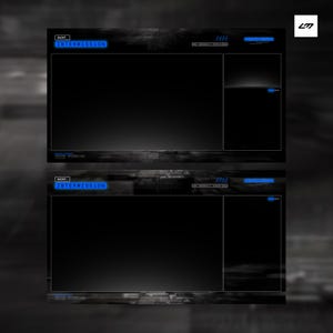 May include: Two black digital overlay screens with blue accents and the text "INTERMISSION". The screens have a futuristic design with rectangular and square elements. The background is a blurred, dark gray texture.