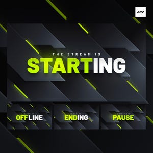 May include: A digital graphic with a dark grey and black geometric design. The words "THE STREAM IS STARTING" are displayed in white and neon green. Additional graphics show "OFFLINE", "ENDING", and "PAUSE".