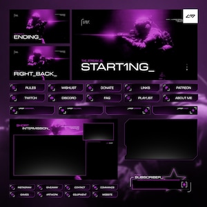 May include: A digital streaming overlay design in shades of purple and black. The design includes sections labeled "ENDING," "RIGHT_BACK_," and "START1NG_." Additional buttons are labeled "RULES," "TWITCH," "DISCORD," and "SUBSCRIBER."
