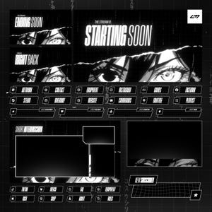 Può includere: Un design di overlay di streaming in bianco e nero con occhi in stile anime e testo. Il design include sezioni per "Ending Soon", "Right Back" e "Starting Soon". Presenta anche icone di social media.