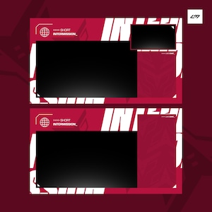 May include: Two burgundy-colored streaming overlay templates with white accents. Each template features a large black rectangle for the main video feed, a smaller rectangle for a webcam, and a section for live chat. Text includes "SHORT INTERMISSION" and "LIVE CHAT".