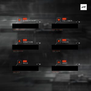 以下が含まれることがあります： 6 つの黒い長方形のデジタル グラフィック。それぞれに、白いテキストで異なるストリーミング用語がラベル付けされています。用語には、「サブスクライバー」、「フォロワー」、「寄付」、「応援」、「レイド」、「ホスト」が含まれます。各ラベルは赤いボックスにあります。