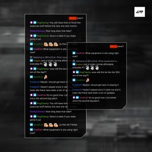 Puede incluir: Dos pantallas digitales superpuestas que muestran una interfaz de chat en vivo. El chat incluye comentarios y respuestas de usuarios, con textos como "PogChamp", "CoolCat" y "ULTRA SETTINGS". El fondo es una gradación de gris.