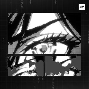 May include: Black and white digital art print featuring a stylized eye and face. The artwork has a pixelated effect and is set against a grid background with Japanese text. The artist's logo is in the upper right corner.