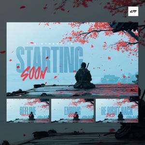 Op de afbeelding: Digitale illustratie van een Japanse scène met een figuur op een houten platform. De tekst "THE STREAM IS STARTING SOON" is zichtbaar. Extra panelen tonen "OFFLINE", "ENDING SOON" en "BE RIGHT BACK BRB".