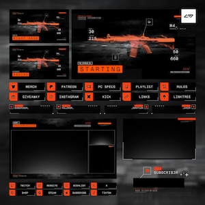 May include: A digital interface design with a dark background and orange accents. The design includes an illustration of a rifle, text labels like "Starting", "Ending", and social media icons. The layout is designed for streaming.