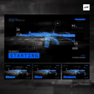 Op de afbeelding: Een digitale afbeelding met een blauw M4-aanvalsgeweer met data-overlays. De tekst "STARTING" wordt prominent weergegeven. Extra panelen tonen "OFFLINE", "ENDING" en "RIGHT BACK".