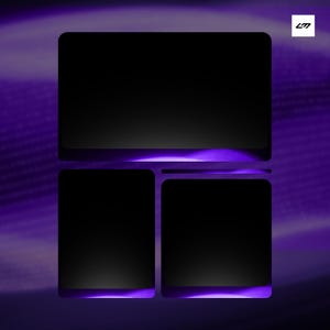 May include: A digital graphic featuring three black rectangular panels arranged in a layout with a large top rectangle and two smaller bottom rectangles. The background consists of a vibrant purple gradient with a subtle, flowing wave pattern.