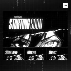 May include: Black and white graphic with the text "THE STREAM IS STARTING SOON" above an anime-style illustration of eyes. Below are three smaller panels with the text "CURRENTLY OFFLINE", "ENDING SOON", and "RIGHT BACK".