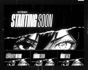 May include: Black and white graphic with the text "THE STREAM IS STARTING SOON" above an anime-style illustration of eyes. Below are three smaller panels with the text "CURRENTLY OFFLINE", "ENDING SOON", and "RIGHT BACK".
