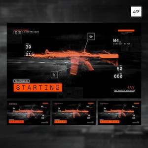 May include: A digital graphic of an M4 assault rifle in orange, set against a black background. The image includes text such as "MAG 30", "M4_ ASSAULT RIFLE", and "STARTING". Additional smaller panels show the rifle with the words "OFFLINE", "ENDING", and "RIGHT BACK".