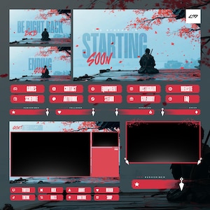 Peut inclure: Un ensemble de superposition de streaming numérique sur le thème japonais. Le design présente une palette de couleurs rouge et blanche avec des images de fleurs de cerisier. Le texte comprend "Starting Soon" et des icônes de médias sociaux.