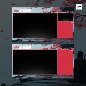 Op de afbeelding: Een digitaal overlay-ontwerp voor streaming, met een zwart scherm, een rode zijbalk en de tekst "SHORT INTERMISSION". Het ontwerp bevat een Japanse esthetiek met rode bloesems en een traditioneel gebouw.