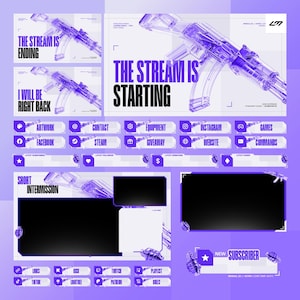 Peut inclure: Ensemble de superposition de streaming numérique en nuances de violet et de blanc, avec des éléments textuels tels que "Le Stream commence" et des icônes de médias sociaux. Comprend des graphiques de fusil transparent et divers éléments interactifs.