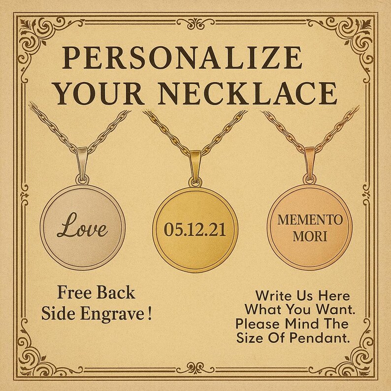 K&ouml;nnte beinhalten: Drei personalisierte Halsketten mit runden Anh&auml;ngern. Ein Anh&auml;nger ist silberfarben mit dem Wort "Love", ein anderer goldfarben mit dem Datum "05.12.21", und der dritte ros&eacute;goldfarben mit "MEMENTO MORI". Der Text "PERSONALISIERE DEINE HALSKETTE" steht oben.