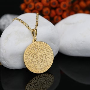Aztec Calendar Necklace: Engraved Sun Stone Pendant, Gold Vermeil or Sterling Silver, Custom Jewelry