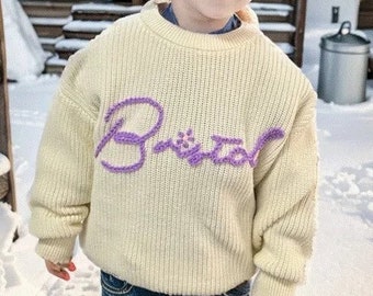 Suéter de bebé con nombre personalizado, bordado a mano, suéter con nombre de bebé personalizado, suéter a medida con nombre, regalo de cumpleaños para bebés, lana infantil