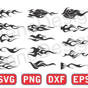 May include: A collection of black flame designs in various shapes and sizes. The image includes the text "SVG", "PNG", "DXF", and "EPS" in red boxes with white text, suggesting digital file formats for the graphics.