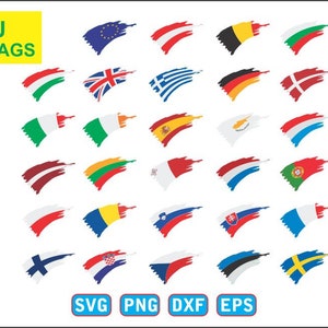 Pode incluir: Um conjunto de 27 bandeiras da União Europeia, cada bandeira é pintada em um estilo de pincelada, com um fundo branco. As bandeiras estão dispostas em filas de três, com a bandeira da UE no topo. Todas as bandeiras estão em suas cores e proporções corretas.