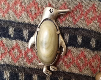 Cute Vintage Mexican Silver Penguin Brooch with Stone Belly