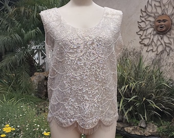 Shimmy and Shake Gorgeous Vintage Fully Beaded and Sequined 1960's Shell Top - Large
