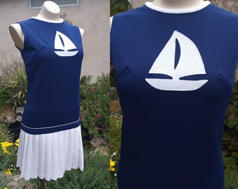 Cute Mod Mini Scooter Dress with Sailboat Detail and Pleated Skirt