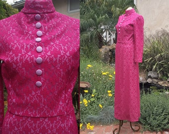 Amazing Psychedelic Neo-Victorian 1970's Fuchsia and Lilac Maxi Dress