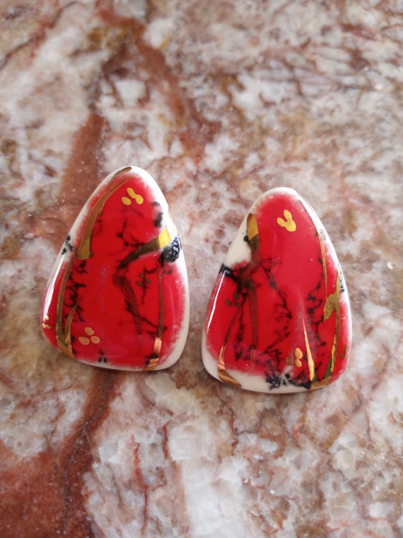 Glossy Red Vintage 1980's Ceramic Earrings