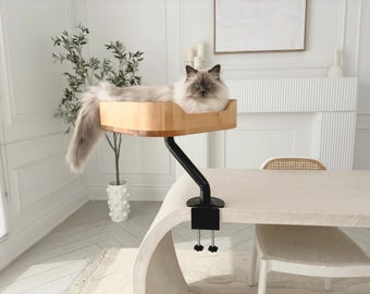 ERGO PURRCH® Lit pour chat monté sur bureau | Bois artisanal ou tissé