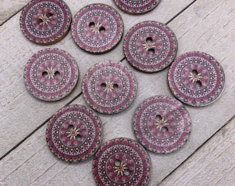 Boho Wooden Buttons 10 Fancy Painted 1” Diameter Wood Buttons - Colorful Floral Mandala Pattern Sewing Crafts Scrapbook Supplies (B143-B)