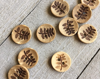 Fern Leaf Print Coconut Wood Buttons (B130) TEN 1/2" - 13mm Round Coconut Shell Buttons for Sewing Crochet Knitting Crafts Wood Buttons