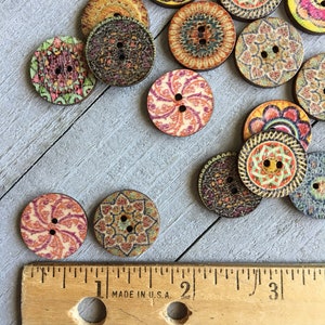 Boho Wooden Buttons 20 or 100 qty Fancy Printed 3/4 Diameter Wood Buttons Assorted Styles & Colors Sewing Crafts Scrapbook Supplies B120 image 4