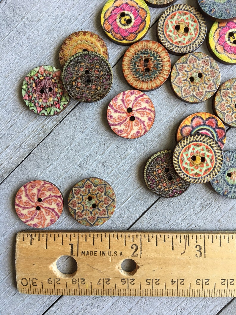 Boho Wooden Buttons 20 or 100 qty Fancy Printed 3/4 Diameter Wood Buttons Assorted Styles & Colors Sewing Crafts Scrapbook Supplies B120 image 4