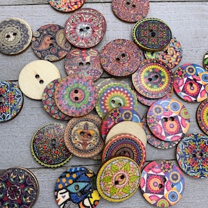 Boho Buttons - 1&quot; Diameter - 20 or 100 pack Wooden Buttons Assorted Patterns - Sewing Buttons, Knitting, Crochet, Fancy DIY Supplies (B143)