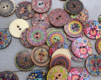 Boho Buttons - 1" Diameter - 10 or 100 pack Wooden Buttons Assorted Patterns - Sewing Buttons, Knitting, Crochet, Fancy DIY Supplies (B143)