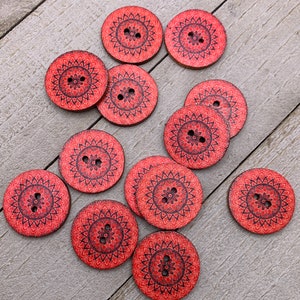 Boho Wooden Buttons 10 Fancy Painted 1” Diameter Wood Buttons - Colorful Red Pattern Sewing Crafts Scrapbook Supplies (B143-E)