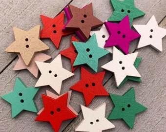 Colorful Wooden Star Buttons - 10 pieces assorted colors (B201)