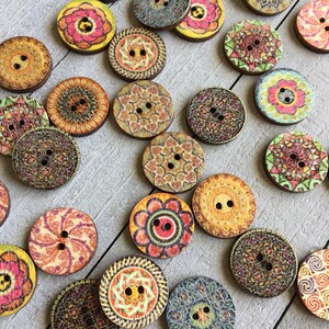 Boho Wooden Buttons 20 or 100 qty Fancy Printed 3/4 Diameter Wood Buttons Assorted Styles & Colors Sewing Crafts Scrapbook Supplies B120 image 2