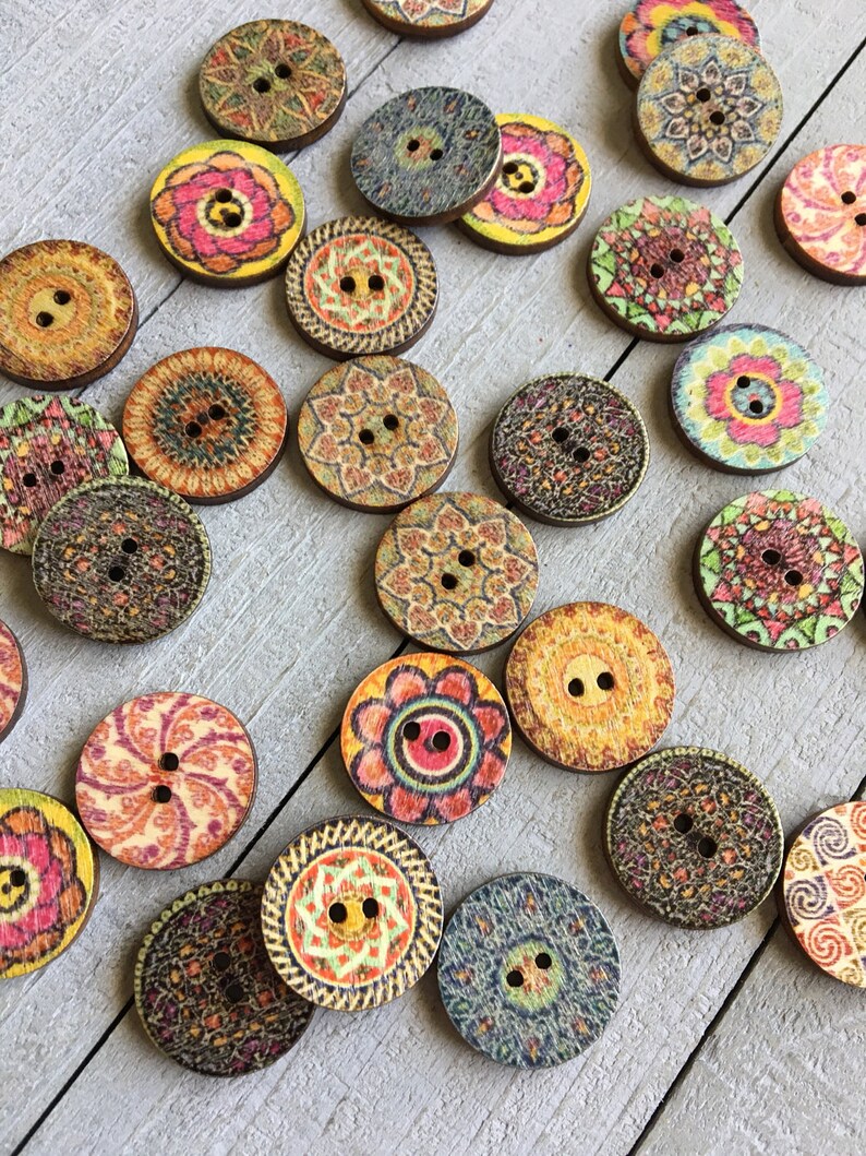 Boho Wooden Buttons 20 or 100 qty Fancy Printed 3/4 Diameter Wood Buttons Assorted Styles & Colors Sewing Crafts Scrapbook Supplies B120 image 2