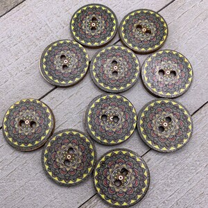 Boho Wooden Buttons 10 Fancy Painted 1” Diameter Wood Buttons - Colorful Floral Mandala Pattern - Sewing Crafts Scrapbook Supplies (143-D)