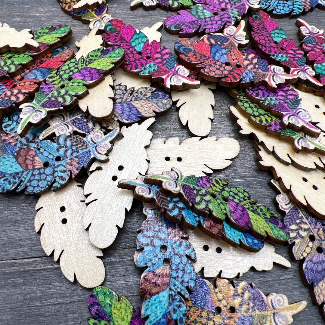 Boho Feather Buttons - 50 Colorful Wooden Feather Buttons - Etsy