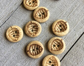 Coconut Wood Buttons (B129) TEN 1/2" - 13mm Round with Leaf Coconut Shell Buttons for Sewing Crochet Knitting Crafts Wood Buttons