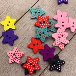 Colorful Wooden Star Buttons - 10 pieces assorted colors - Small  5/8&quot;  (B202)