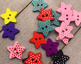 Colorful Wooden Star Buttons - 10 pieces assorted colors - Small  5/8"  (B202)