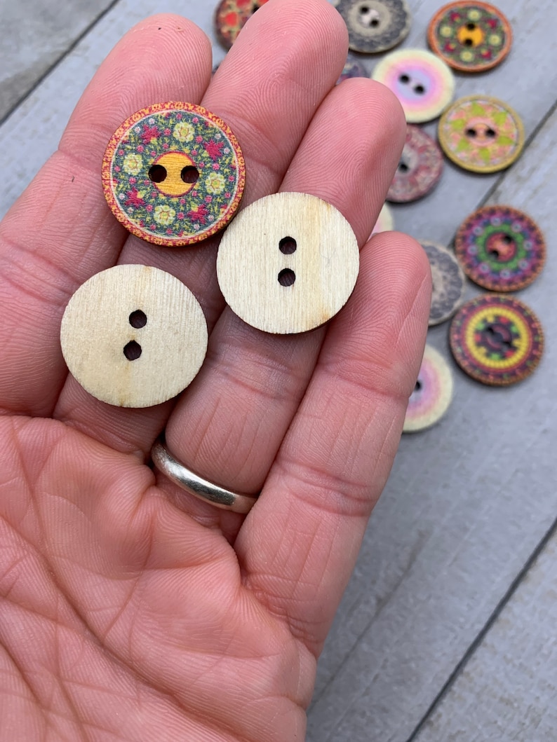 Boho Wooden Buttons 20 or 100 qty Fancy Printed 3/4 Diameter Wood Buttons Assorted Styles & Colors Sewing Crafts Scrapbook Supplies B120 image 6