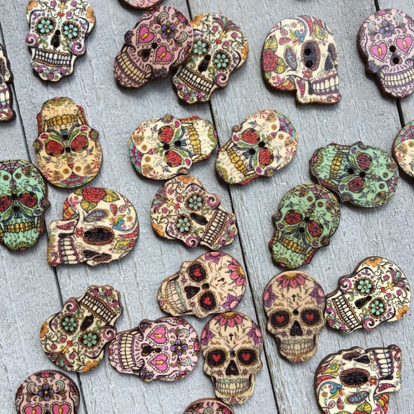 Skull Buttons - Sugar Skull - 10 or 50 Buttons Assorted Patterns - 1" Tall - Day of the Dead, Scrapbooking, Crafts, Sewing Buttons (B135)